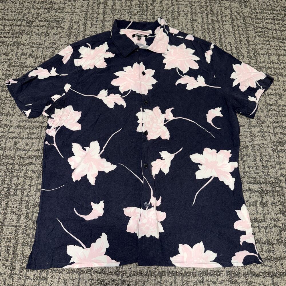 EXPRESS Navy Blue‎ Floral Button Down Slim Shirt Size M